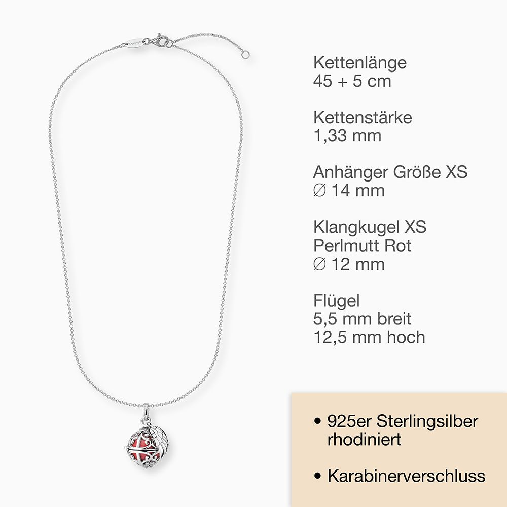 KETTE SILBER MIT FLÜGEL ANHÄNGER UND KLANGKUGEL XS IN PERLMUTTFARBEN IN ROT