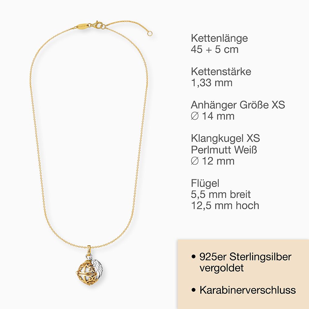 KETTE GOLD MIT FLÜGEL ANHÄNGER UND KLANGKUGEL XS PERLMUTTFARBEN IN WEISS