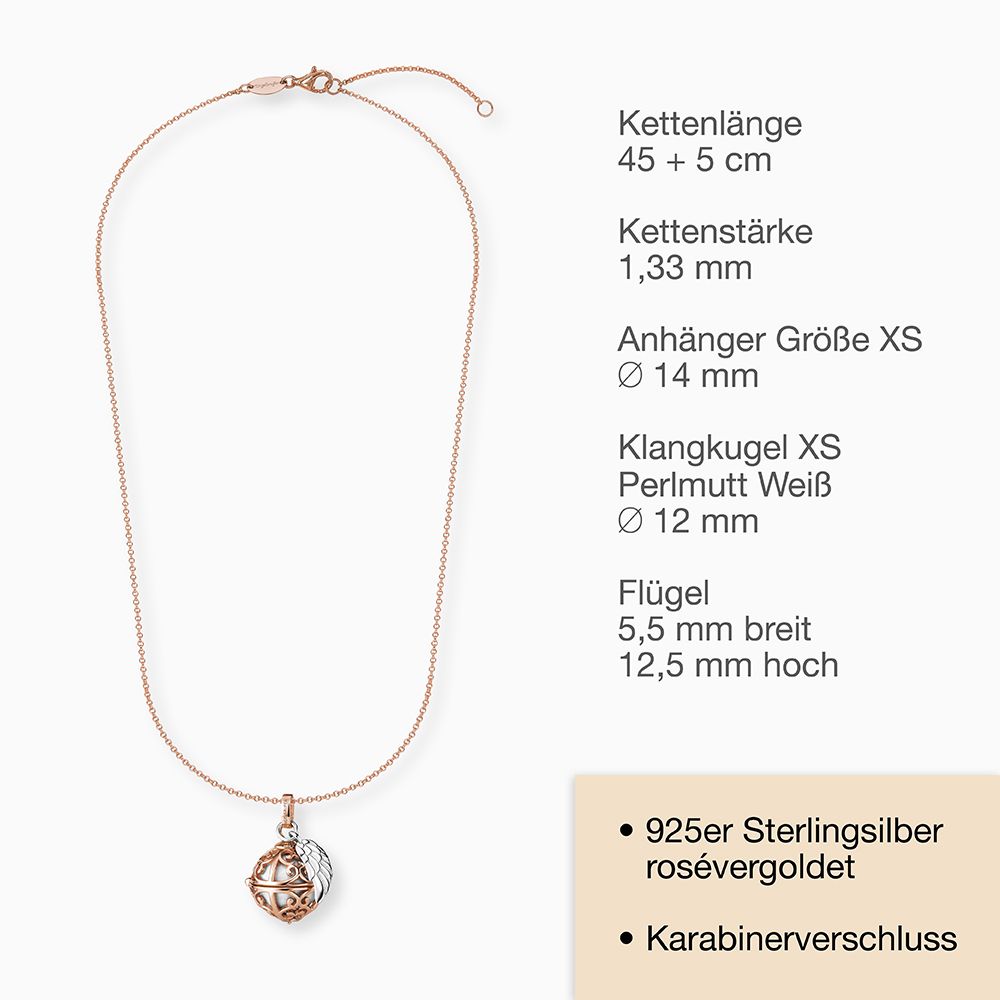 KETTE ROSÉ MIT FLÜGEL ANHÄNGER UND KLANGKUGEL XS  PERLMUTTFARBEN WEISS